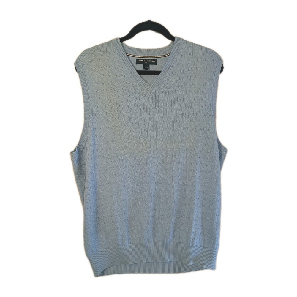 MED Vtg Mens Tommy Hilfiger Golf Carolina Blue Cable Knit 100% Cotton Sweater